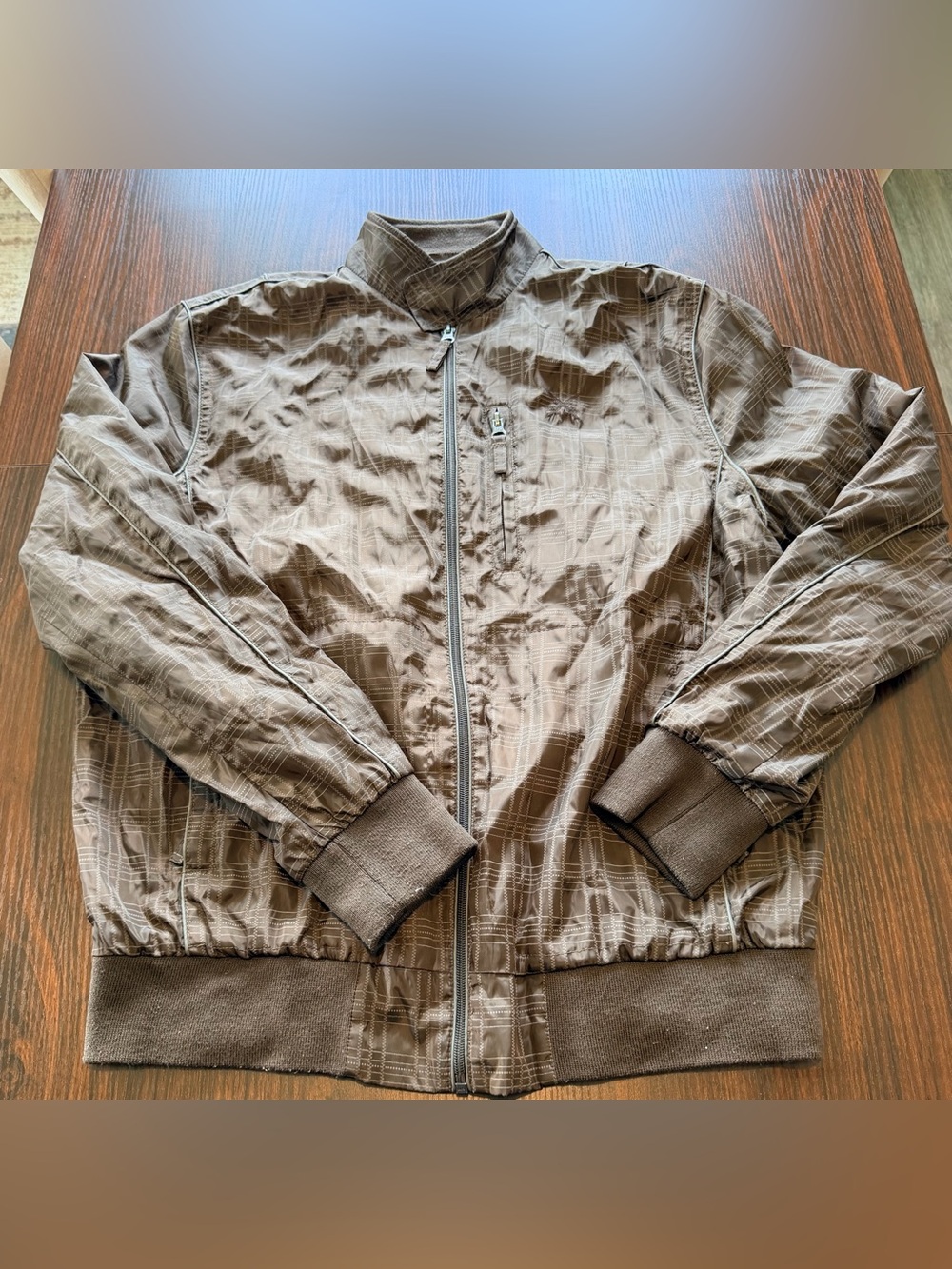 American Rag Mens Brown Plaid Windbreaker Bomber Jacket Y2K Mesh Lined Size M